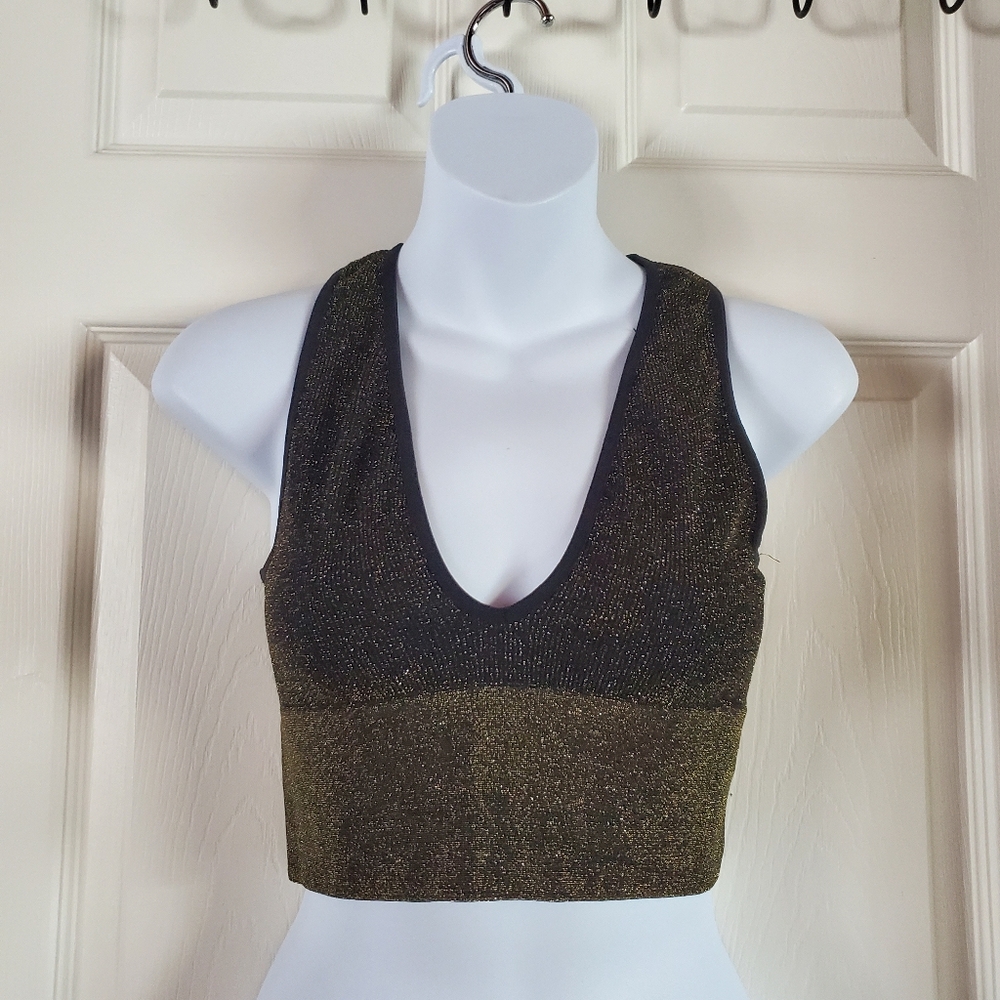 Metalic Crop Sparkly Tank Top Olive Green Y2K Preppy Festival Summer Size Medium